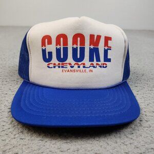 Vintage Trucker Hat Snapback Cap Cooke Chevyland Evansville IN Rope Blue White
